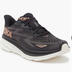 Hoka Women Clifton 9, Size 8.5 Wide in Black/Rose Gold
